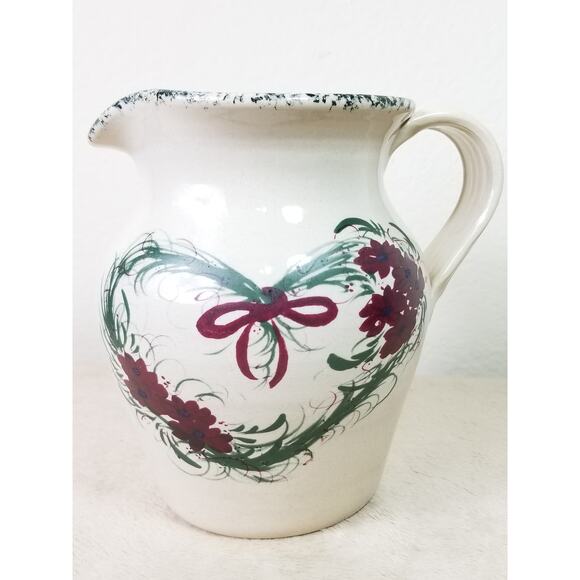 Casey Art Pottery Pitcher Heart Wreath 7" Hand Painted Made in USA Vintage - Picture 3 of 14